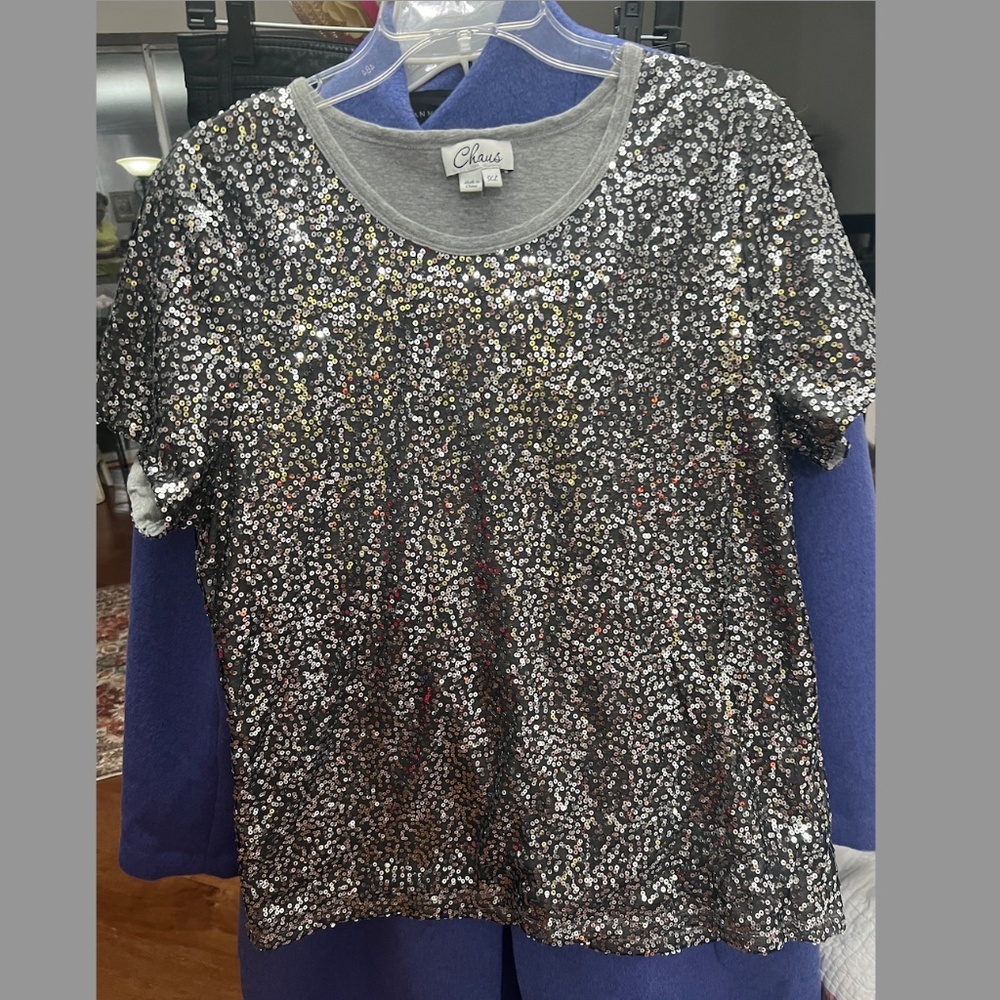 Chaus Silver Sequin Short Sleeve Top Size XL - perfect for coming holiday season